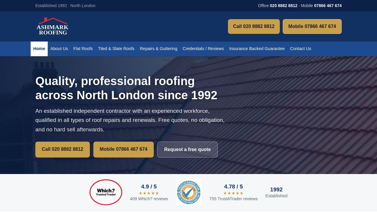 ASHMARK ROOFING LTD website screenshot