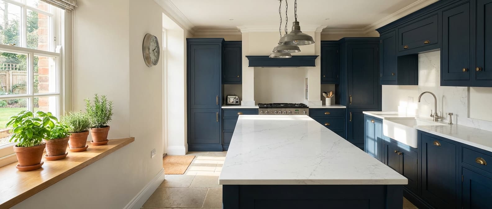 Navy blue shaker kitchen with marble island and brass handles